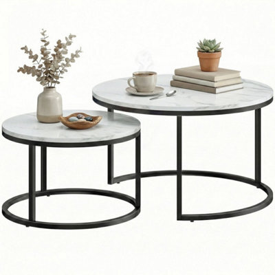 2 Pcs Stacking Coffee Table Set Steel Frame, Marble White - image 1
