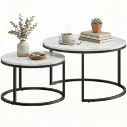 2 Pcs Stacking Coffee Table Set Steel Frame, Marble White - thumbnail 1