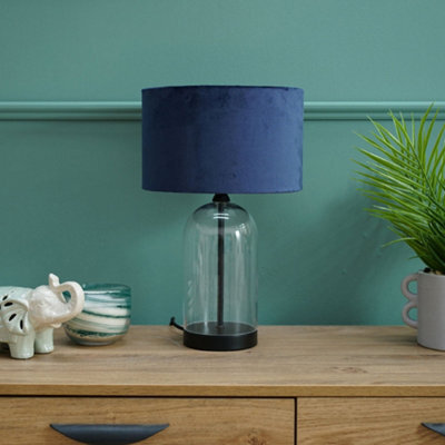 Valuelights Jessy Glass And Black Metal Bedside Table Lamp With A Navy Blue Velvet Lampshade - Bulb Included - image 1