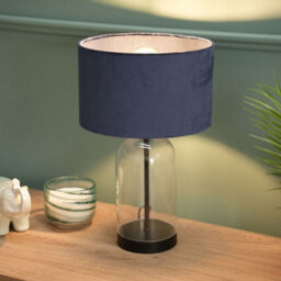 Valuelights Jessy Glass And Black Metal Bedside Table Lamp With A Navy Blue Velvet Lampshade - Bulb Included - thumbnail 3