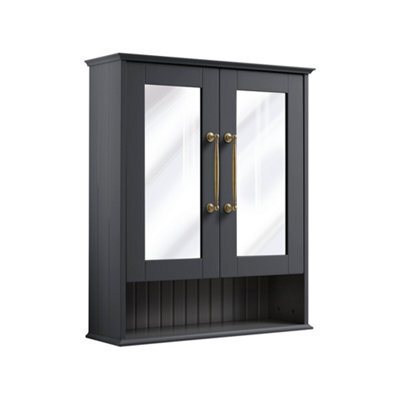 Homestylestore 650 X 750mm Black Grey Wall Mounted Mirrored Door Bathroom Cabinet And Aged Gold T Bar Handles - image 1