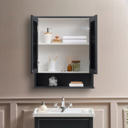 Homestylestore 650 X 750mm Black Grey Wall Mounted Mirrored Door Bathroom Cabinet And Aged Gold T Bar Handles - thumbnail 2