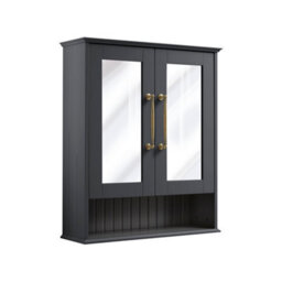 Homestylestore 650 X 750mm Black Grey Wall Mounted Mirrored Door Bathroom Cabinet And Aged Gold T Bar Handles - thumbnail 1