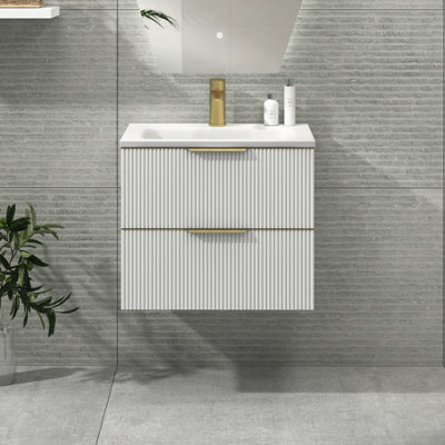 Royal Bathrooms Evora 600mm Matt White Fluted Wall Hung Bathroom Vanity Unit 2 Drawer Cabinet Storage With Stone Basin & Brushed Brass Handles - image 1