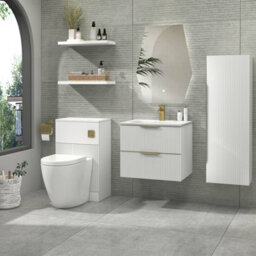 Royal Bathrooms Evora 600mm Matt White Fluted Wall Hung Bathroom Vanity Unit 2 Drawer Cabinet Storage With Stone Basin & Brushed Brass Handles - thumbnail 4