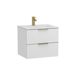 Royal Bathrooms Evora 600mm Matt White Fluted Wall Hung Bathroom Vanity Unit 2 Drawer Cabinet Storage With Stone Basin & Brushed Brass Handles - thumbnail 7