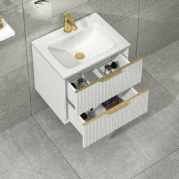 Royal Bathrooms Evora 600mm Matt White Fluted Wall Hung Bathroom Vanity Unit 2 Drawer Cabinet Storage With Stone Basin & Brushed Brass Handles - thumbnail 5