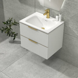 Royal Bathrooms Evora 600mm Matt White Fluted Wall Hung Bathroom Vanity Unit 2 Drawer Cabinet Storage With Stone Basin & Brushed Brass Handles - thumbnail 6