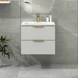 Royal Bathrooms Evora 600mm Matt White Fluted Wall Hung Bathroom Vanity Unit 2 Drawer Cabinet Storage With Stone Basin & Brushed Brass Handles