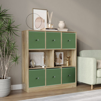 Urbn-Living Urbnliving Asymmetrical 8 Cube Bookcase Shelf Storage Unit W/ 6 Fabric Drawer Inserts (Oak+Pastel Green) - image 1