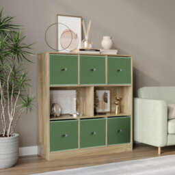 Urbn-Living Urbnliving Asymmetrical 8 Cube Bookcase Shelf Storage Unit W/ 6 Fabric Drawer Inserts (Oak+Pastel Green)