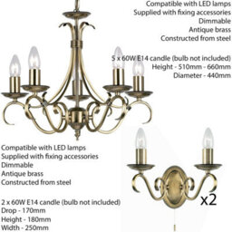 5 Lamp Ceiling & 2X Twin Wall Light Pack Antique Brass Vintage Matching Fittings - thumbnail 2