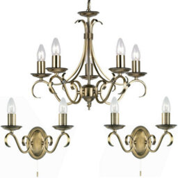 5 Lamp Ceiling & 2X Twin Wall Light Pack Antique Brass Vintage Matching Fittings