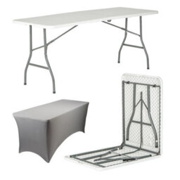 Harbour Housewares Folding Camping Picnic Table With Fitted Tablecloth - 180Cm (6Ft) - White/grey - Portable Plastic Outdoor Party Display