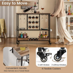 Gainoom 3 Tiers Bar Cart Home Serving Cart Industrial Rolling Beverage Cart - thumbnail 5