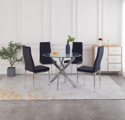 Furnizone UK Rolex 4-Seater 100Cm Round Clear Glass Dining Table And 4 Monza Black Velvet Chairs - image 1