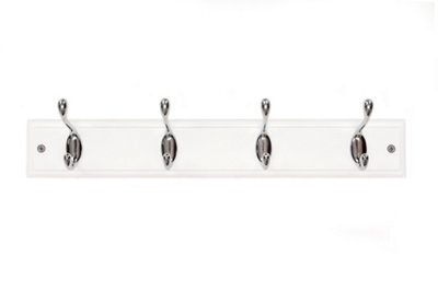 Keypak 4-Hook Wall-Mounted Coat Rack, 45Cm - White Wooden Board, Polished Chrome Coat Hooks - Fixings Included
