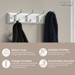 Keypak 4-Hook Wall-Mounted Coat Rack, 45Cm - White Wooden Board, Polished Chrome Coat Hooks - Fixings Included - thumbnail 2