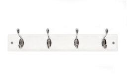 Keypak 4-Hook Wall-Mounted Coat Rack, 45Cm - White Wooden Board, Polished Chrome Coat Hooks - Fixings Included