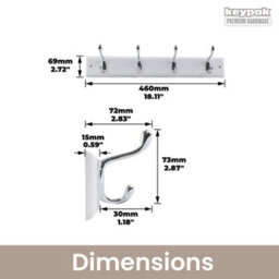 Keypak 4-Hook Wall-Mounted Coat Rack, 45Cm - White Wooden Board, Polished Chrome Coat Hooks - Fixings Included - thumbnail 3