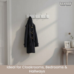 Keypak 4-Hook Wall-Mounted Coat Rack, 45Cm - White Wooden Board, Polished Chrome Coat Hooks - Fixings Included - thumbnail 5