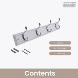 Keypak 4-Hook Wall-Mounted Coat Rack, 45Cm - White Wooden Board, Polished Chrome Coat Hooks - Fixings Included - thumbnail 4