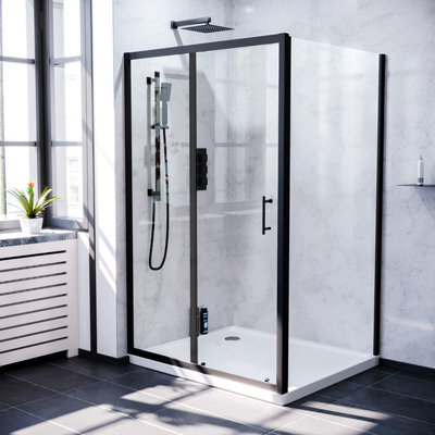 Nes Home Matt Black 1400 X 700mm Shower Sliding Door & Glass Side Panel - image 1