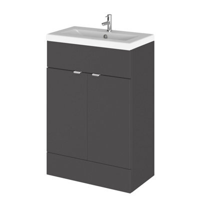 Hudson Reed Fusion Floor Standing 2 Door Vanity Unit & Ceramic Basin, Stylish Sink Vanity Unit, Gloss Grey, 600mm - image 1