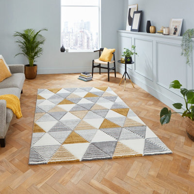 Grey Yellow Modern Geometric Easy To Clean Rug For Dining Room-160Cm X 220Cm - image 1