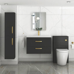 Royal Bathrooms Turin 800mm Wall Hung Vanity Unit Matt Black 2 Drawer Mid-Edge Basin With Brushed Brass Handles - thumbnail 4
