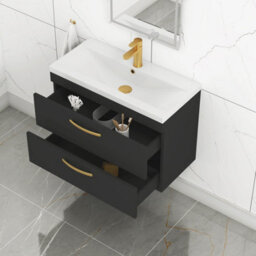 Royal Bathrooms Turin 800mm Wall Hung Vanity Unit Matt Black 2 Drawer Mid-Edge Basin With Brushed Brass Handles - thumbnail 5