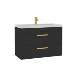 Royal Bathrooms Turin 800mm Wall Hung Vanity Unit Matt Black 2 Drawer Mid-Edge Basin With Brushed Brass Handles - thumbnail 6