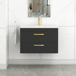 Royal Bathrooms Turin 800mm Wall Hung Vanity Unit Matt Black 2 Drawer Mid-Edge Basin With Brushed Brass Handles - thumbnail 1