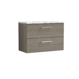 Nuie Arno Wall Hung 2-Drawer Modern Vanity Unit With Solace Oak Laminate Worktop, Stylish Counter Top Vanity Unit In Solace Oak