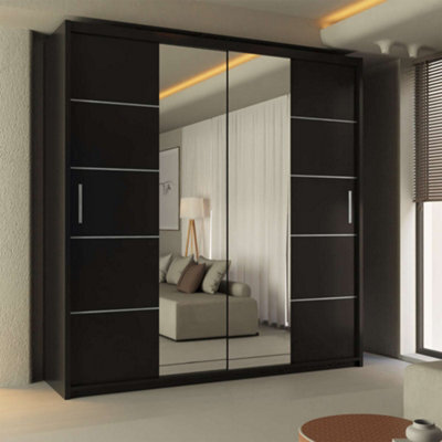 Sliding Wardrobes 4 u LTD Modern Led Light Mirror Sliding Wardrobe With Elegant Display Cabinet Black 180Cm - image 1