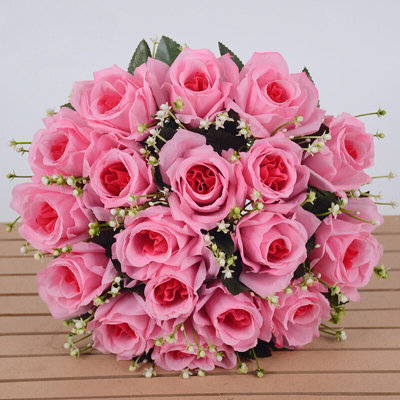 18 Heads Artificial Silk Rose Bouquet - Dark Pink For Wedding & Home Decor - image 1
