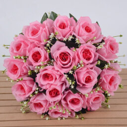 18 Heads Artificial Silk Rose Bouquet - Dark Pink For Wedding & Home Decor - thumbnail 1