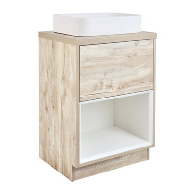 Homestylestore Light Oak 600mm Led Lit Bathroom Vanity Unit Rectangular Chalk Countertop Basin Open Shelf - image 1
