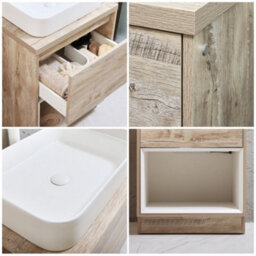 Homestylestore Light Oak 600mm Led Lit Bathroom Vanity Unit Rectangular Chalk Countertop Basin Open Shelf - thumbnail 2
