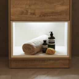 Homestylestore Light Oak 600mm Led Lit Bathroom Vanity Unit Rectangular Chalk Countertop Basin Open Shelf - thumbnail 3