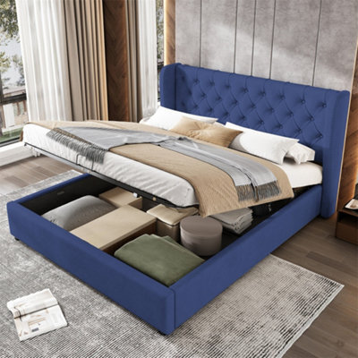 Abrihome Upholstered Storage Bed With Hydraulic Lift, Blue Velvet, 135X190 Cm, No Mattress - image 1