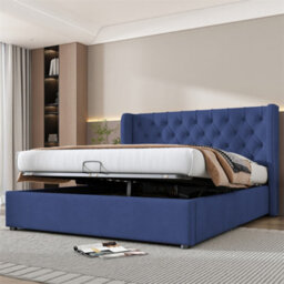 Abrihome Upholstered Storage Bed With Hydraulic Lift, Blue Velvet, 135X190 Cm, No Mattress - thumbnail 4