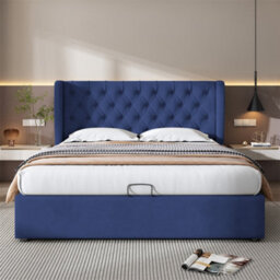 Abrihome Upholstered Storage Bed With Hydraulic Lift, Blue Velvet, 135X190 Cm, No Mattress - thumbnail 9