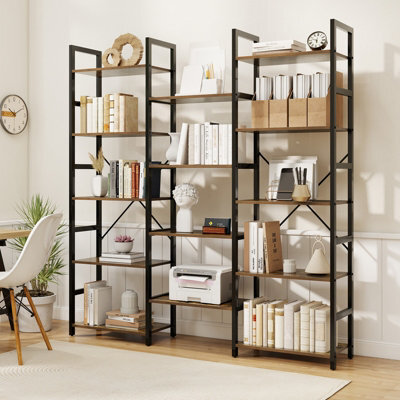 Costway 172Cm Tall Industrial Bookshelf Triple Metal Frame Bookcase W/ 14 Open Shelves Brown - image 1