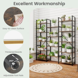 Costway 172Cm Tall Industrial Bookshelf Triple Metal Frame Bookcase W/ 14 Open Shelves Brown - thumbnail 8