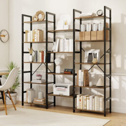 Costway 172Cm Tall Industrial Bookshelf Triple Metal Frame Bookcase W/ 14 Open Shelves Brown - thumbnail 1