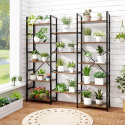 Costway 172Cm Tall Industrial Bookshelf Triple Metal Frame Bookcase W/ 14 Open Shelves Brown - thumbnail 5