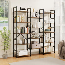 Costway 172Cm Tall Industrial Bookshelf Triple Metal Frame Bookcase W/ 14 Open Shelves Brown - thumbnail 4