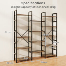 Costway 172Cm Tall Industrial Bookshelf Triple Metal Frame Bookcase W/ 14 Open Shelves Brown - thumbnail 3
