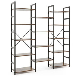 Costway 172Cm Tall Industrial Bookshelf Triple Metal Frame Bookcase W/ 14 Open Shelves Brown - thumbnail 2